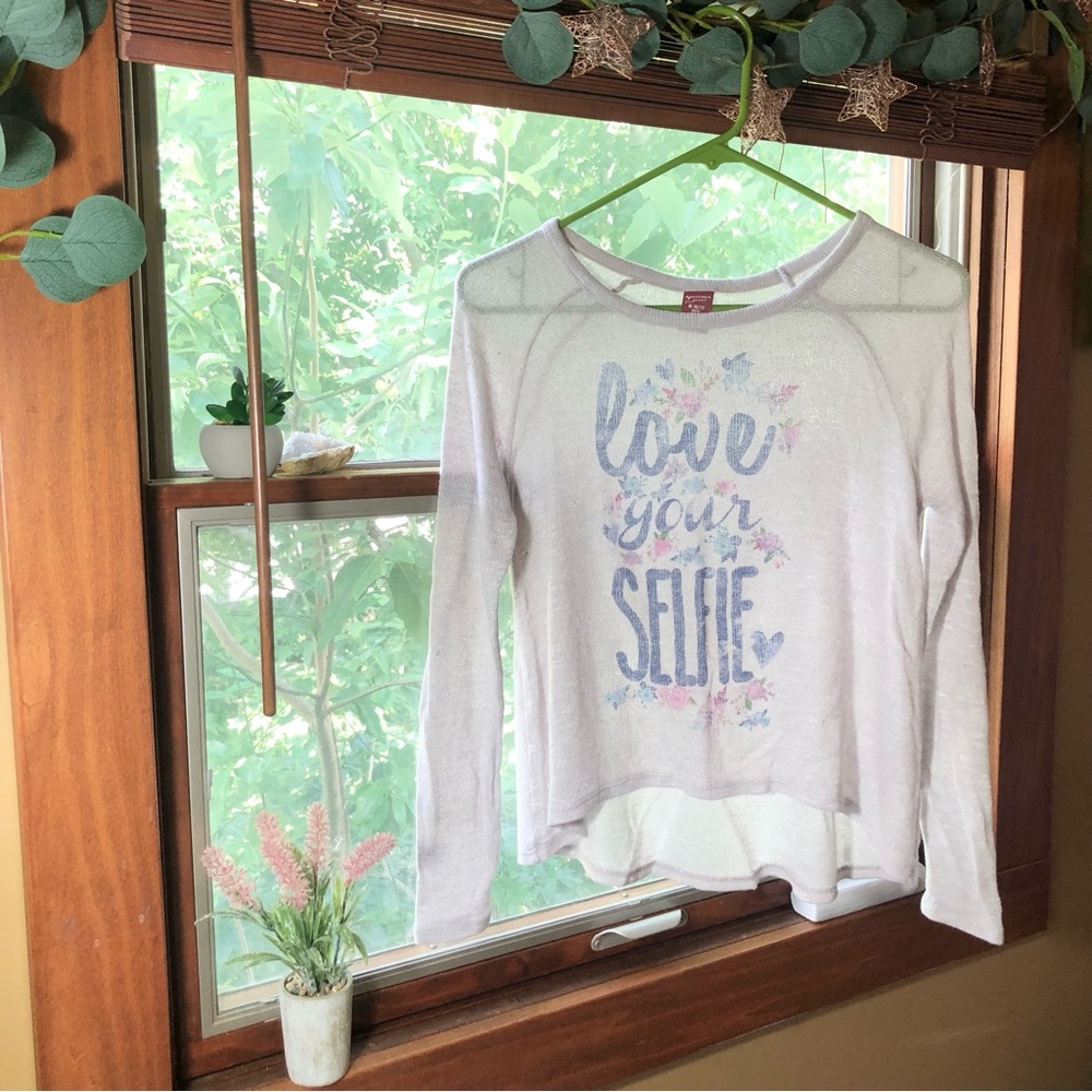 Arizona Jean Girl’s Size M (10/12) Grey Floral Love Your Selfie Knit Top Shirt